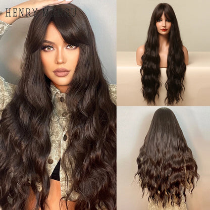 HENRY MARGU Long Brown Wavy Synthetic Wigs Middle Part Natural  Curly Wig for Black Women Cosplay Daily Heat Resistant Fake Hair