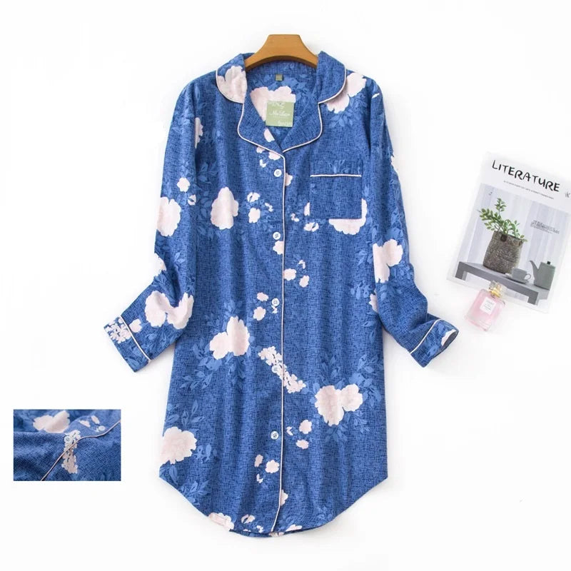 Nightgown 100% Brushed Cotton Nightshirts Women's Sleepwear Long Sleeve Plaid Winter Oversize Sleep Dress Women Home Clothes