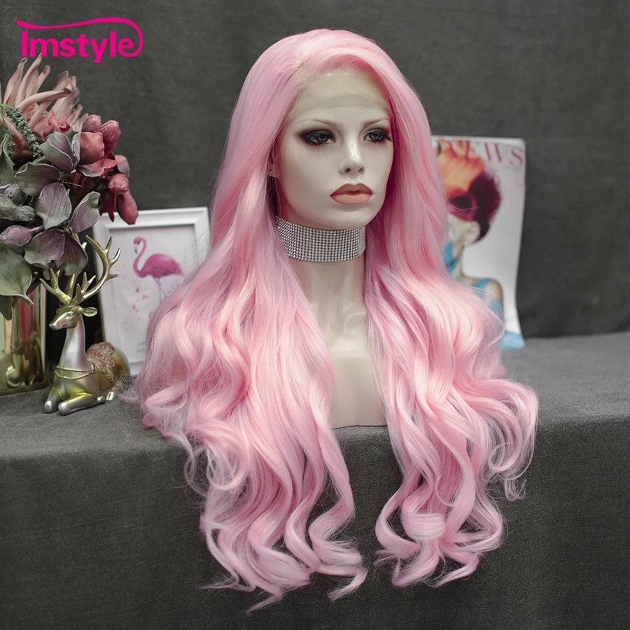 Imstyle Pink Wig Long Synthetic Lace Front Wig Natural Wavy Wigs For Women Heat Resistant Fiber Cosplay Wig