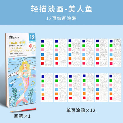 Kids Portable Watercolor Painting Book 12 Sheets Gouache Graffiti Picture 1 Pen Coloring Water Drawing Books Set Kids Toys Gifts