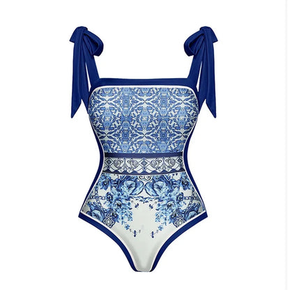 One-piece Women Swimwear Blue Ethnic Style Print Swimsuit  Bodysuit Bikini Set Beach Vacation  Style Wear Maxi Dress Skirt