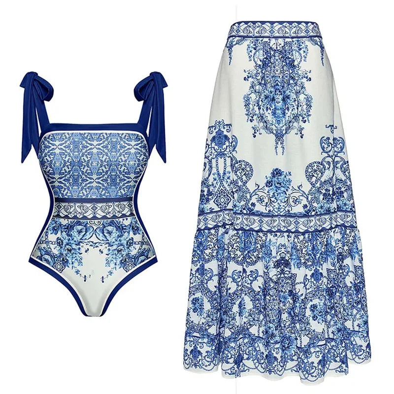 One-piece Women Swimwear Blue Ethnic Style Print Swimsuit  Bodysuit Bikini Set Beach Vacation  Style Wear Maxi Dress Skirt