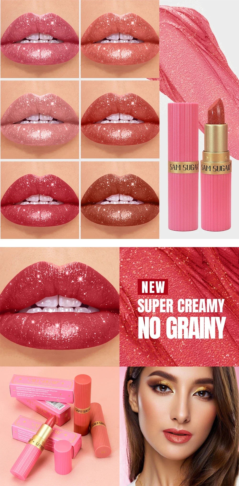 Chocolate Brown Luxurious Metallic Glitter Lipstick Long-Lasting Waterproof Non-Fade Shimmery Pearl Sparkling Lip Gloss Makeup
