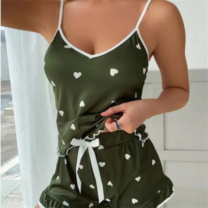 Summer 2pieces Pajama Set for Women Sleepwear Spaghetti Strap Vest Top and Shorts Soft Casual Cute Printed Longewear