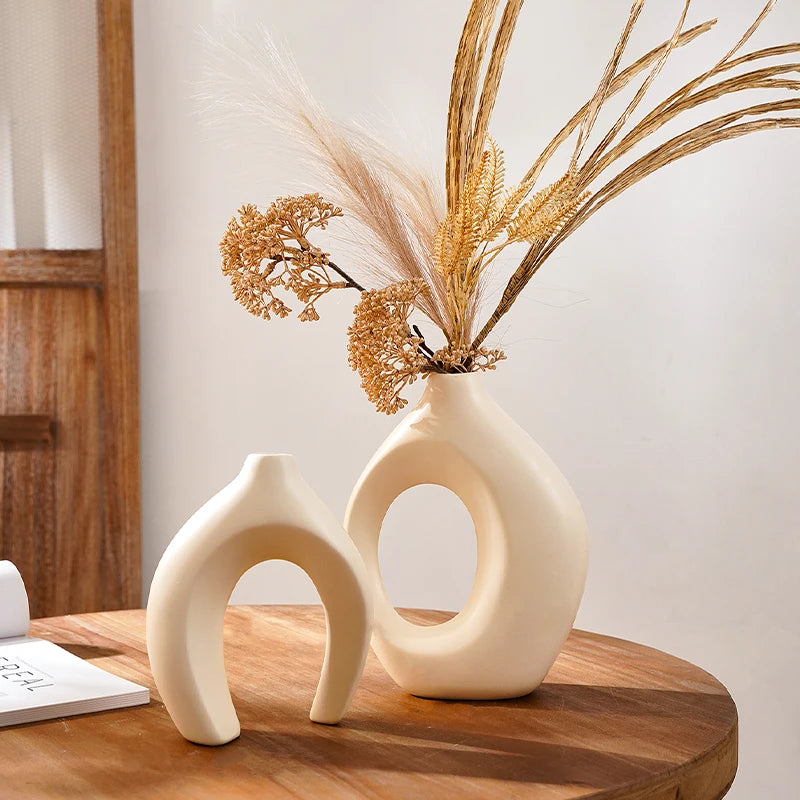 Hollow Nordic Modern  Vase Set of 2 for Modern Home Decor,Plastic imitation ceramic Hollow Flower Vases for Living Room
