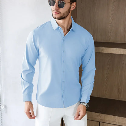 New Men's Business Casual Long Sleeved Solid Color Shirt Wrinkle Resistant Wrinkle Free Comfortable All Season Versatile Top