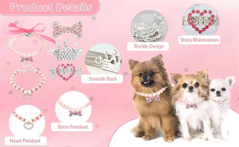 Bling Pearl Dog Collar Small and Medium Dogs Crown Hair Clips Puppy Accessories Doggy Heart and Bone Necklace Pet Supplies
