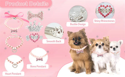 Bling Pearl Dog Collar Small and Medium Dogs Crown Hair Clips Puppy Accessories Doggy Heart and Bone Necklace Pet Supplies