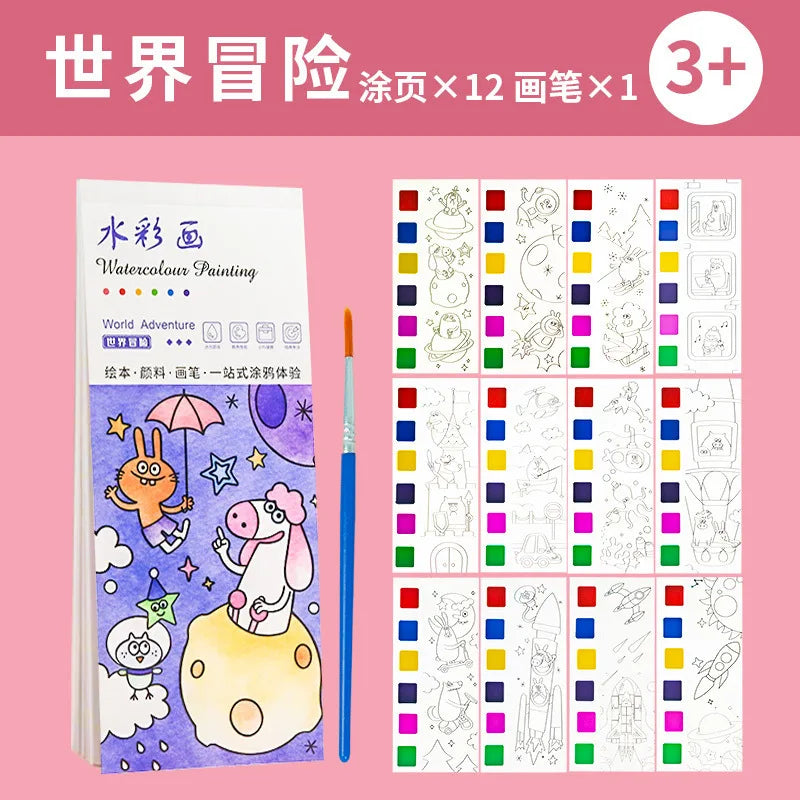 Kids Portable Watercolor Painting Book 12 Sheets Gouache Graffiti Picture 1 Pen Coloring Water Drawing Books Set Kids Toys Gifts