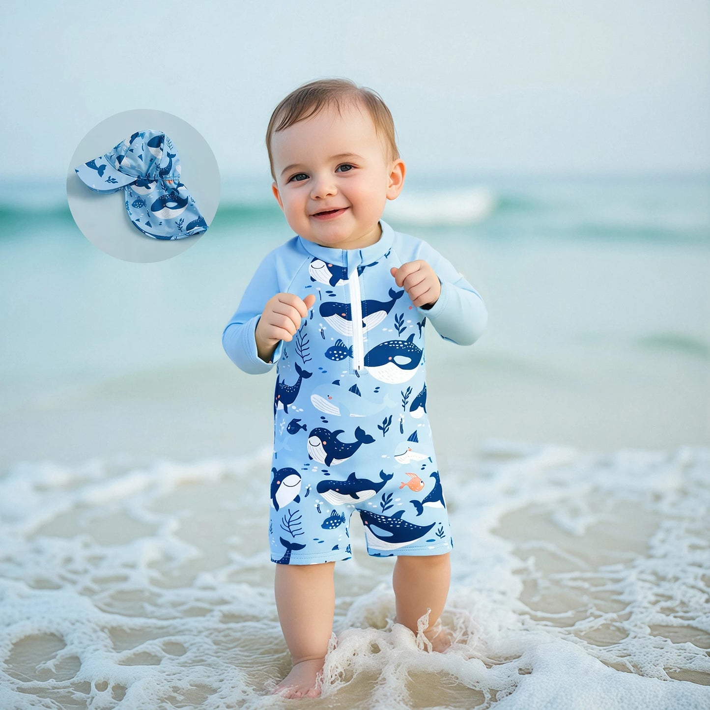 Cartoon Whale Print Children Boy Rash Guard Swimsuit with Hat Summer New Zip Up Long Sleeve Crew Neck Kids Swimwears Beachwear