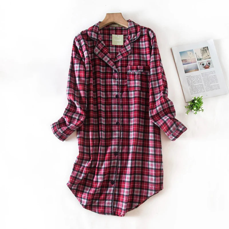 Nightgown 100% Brushed Cotton Nightshirts Women's Sleepwear Long Sleeve Plaid Winter Oversize Sleep Dress Women Home Clothes