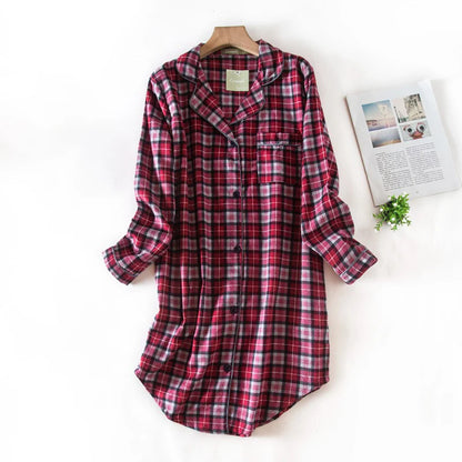 Nightgown 100% Brushed Cotton Nightshirts Women's Sleepwear Long Sleeve Plaid Winter Oversize Sleep Dress Women Home Clothes