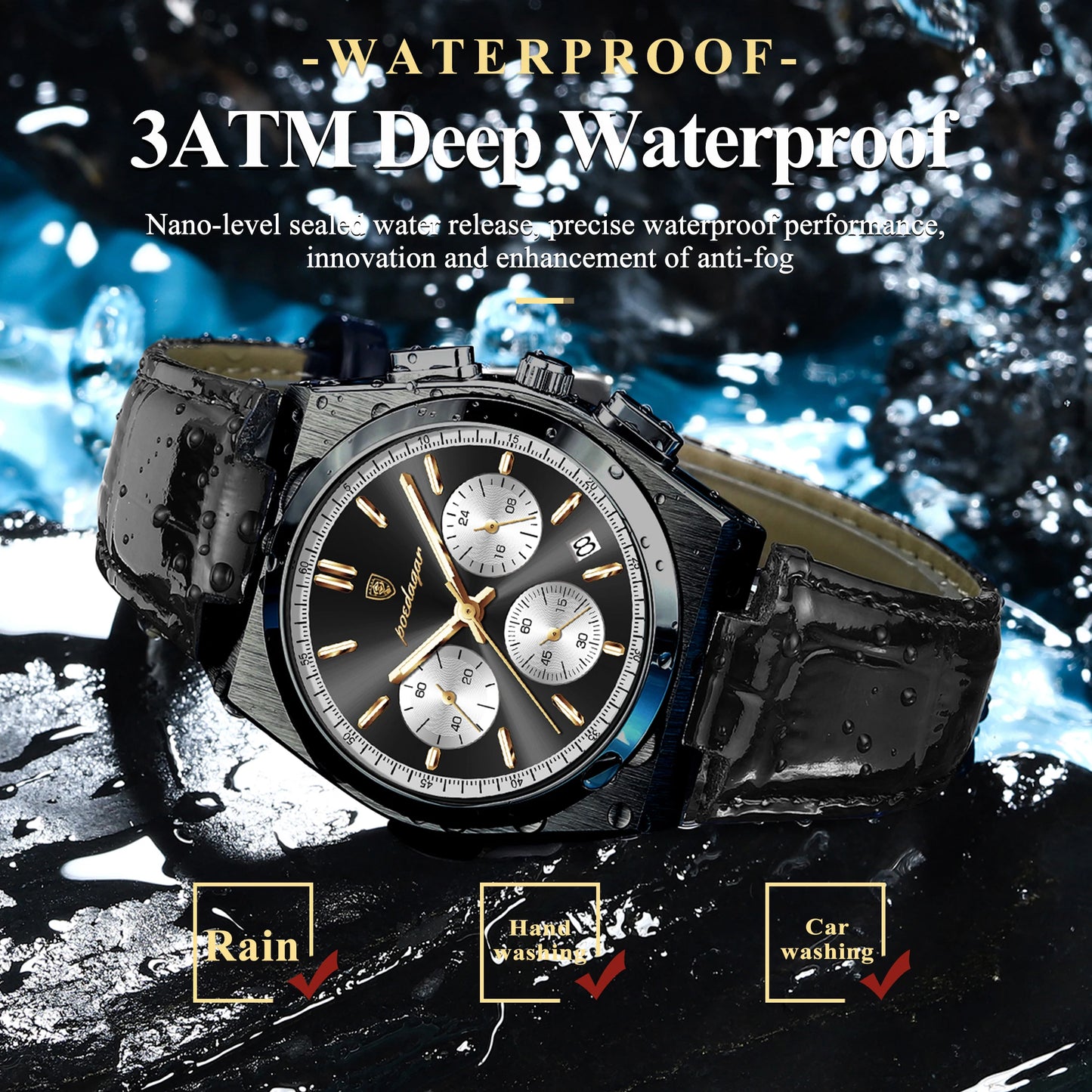 POEDAGAR Business Functional Male Watch Waterproof Luminous Chronograph Date Sports Men Wristwatch Leather Men's Quartz Watches