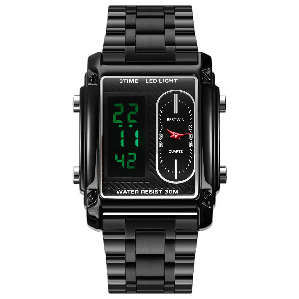 Gold Men Watches Stainless Steel Band Dual Display Men Sports Digital Watches For Male Clock Chronograph Date Waterproof Luxury