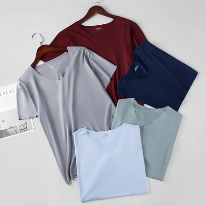 Men's Skinny Undershirt Plus Size Ice Silk Basic Shirts Breathable V-Neck Seamless T-shirt Underwear Thin Slim Bottoming Shirt