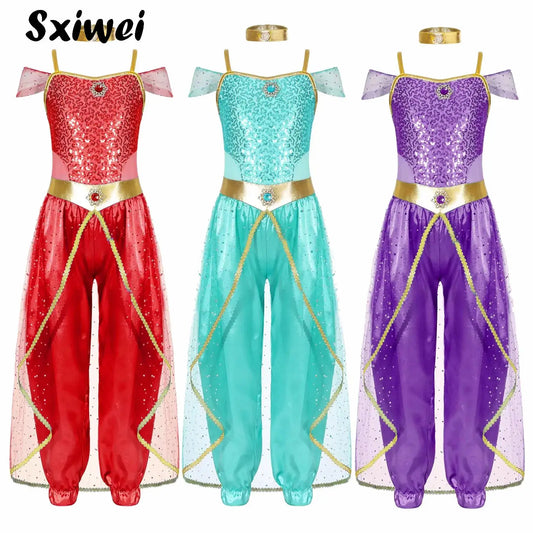 Shiny Sequin Gem Girls Halloween Jasmines Costume Kids Arabian Princess Cosplay Fancy Jumpsuit with Choker for Dance Performance