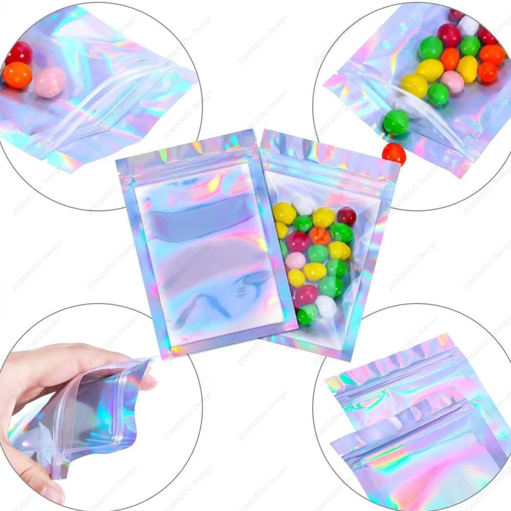 200-1PCS Laser Sealing Bags Color Plastic Holographic Candy Food Pouch Resealable Necklace Jewelry Gift Packaging Storage Bag