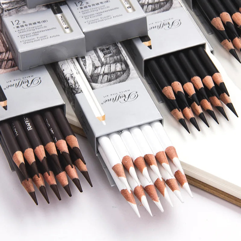 12pcs/box High Gloss Painting White Charcoal Pen Brown Comic Sketch Design Stroke Pen School Graffiti Art Supplies