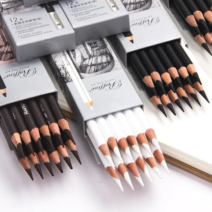 12pcs/box High Gloss Painting White Charcoal Pen Brown Comic Sketch Design Stroke Pen School Graffiti Art Supplies