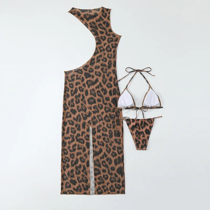 CM.YAYA Women Beach Bikini Set with Cutout Leopard Printed Sexy Long Bodycon Swimsuit Three 2 Piece Set Swimwear Bathing Suit