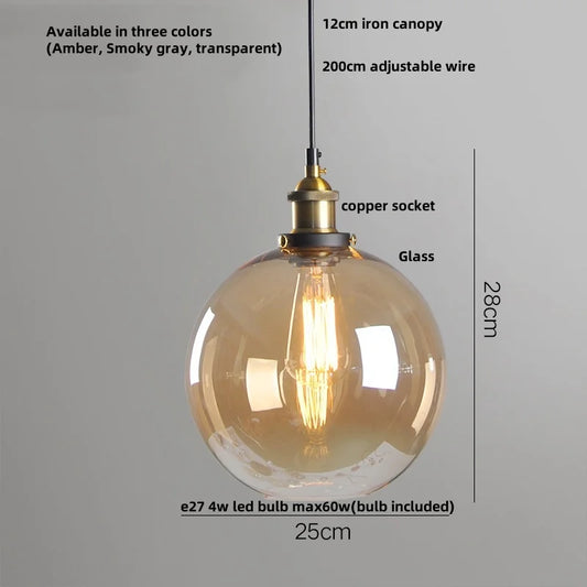 IWHD Vintage Copper LED Pendant Lamp Kitchen Coffee Restaurant Loft Amber Glass Indoor Home Decor Hanging Lights Lampu Gantung