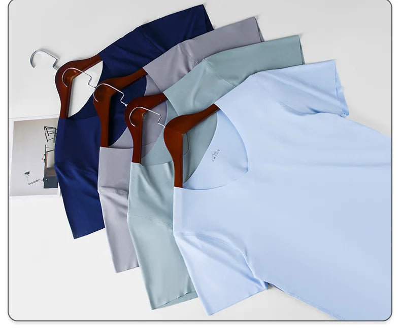Men's Skinny Undershirt Plus Size Ice Silk Basic Shirts Breathable V-Neck Seamless T-shirt Underwear Thin Slim Bottoming Shirt