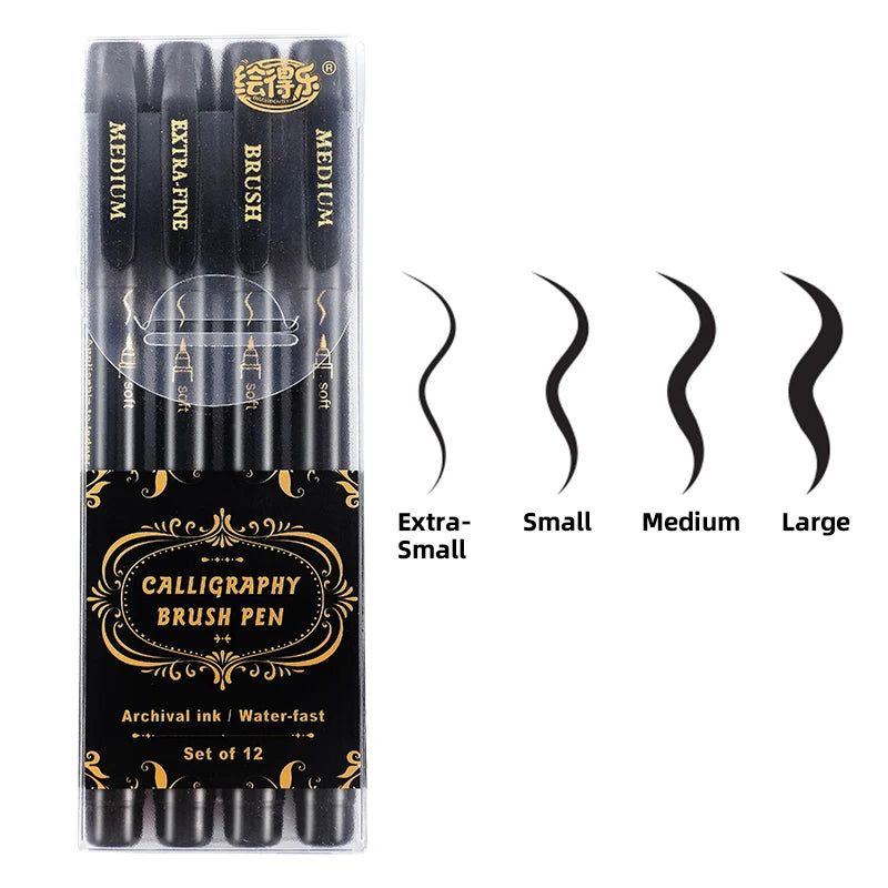4 Pcs Black Hand Lettering Calligraphy Pen Set Drawing Writing Learning Fine Brush Markers Art Supplies Manga Pen