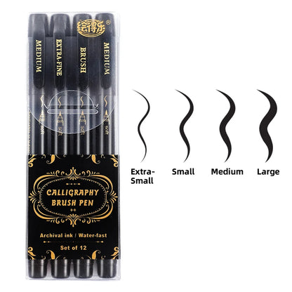 4 Pcs Black Hand Lettering Calligraphy Pen Set Drawing Writing Learning Fine Brush Markers Art Supplies Manga Pen