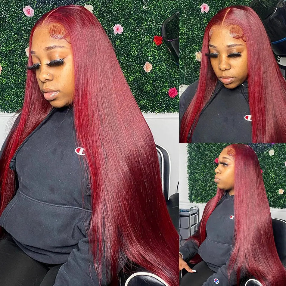 HD Burgundy 99J Straight Lace Frontal Human Hair Wigs 13x4 Transparent Lace Front Wig For Women Brazilian Red Colored Remy Wig