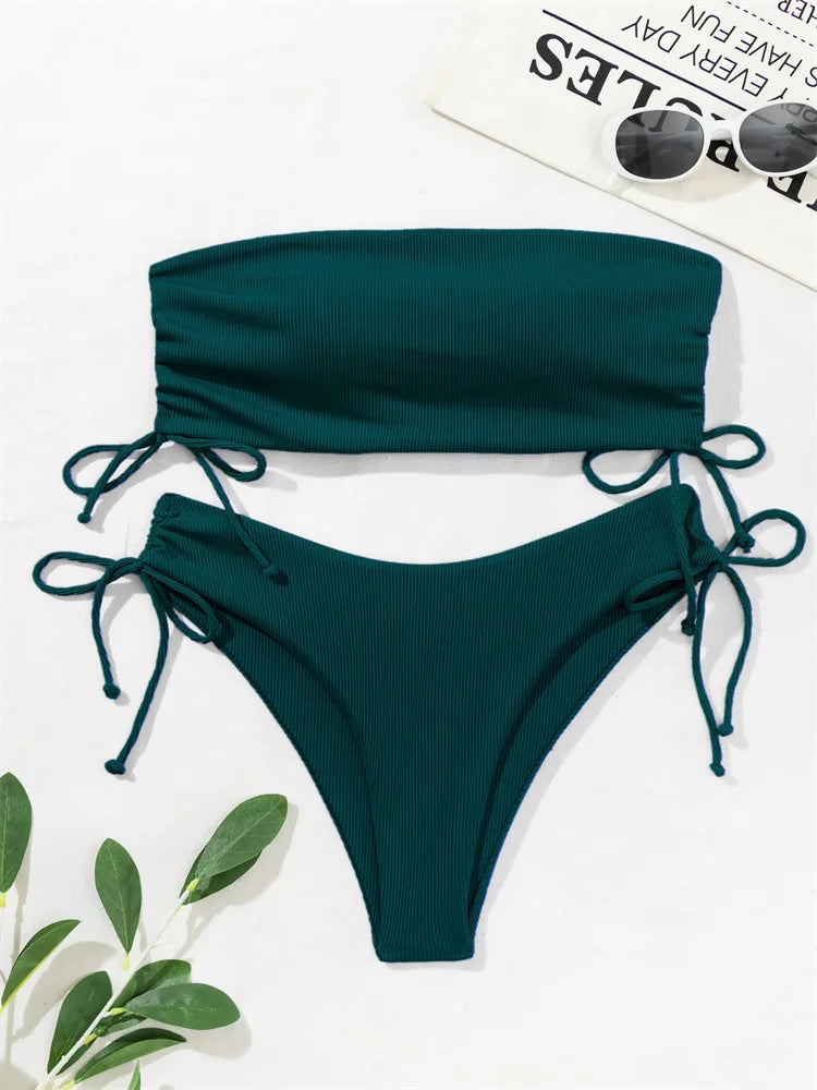 2025 Sexy Low Waist Swimwear New Solid Bandeau Bikini Set Women Push Up Drawstring Beachwear Swimsuit Backless bathing suit