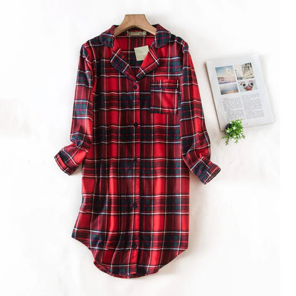 Nightgown 100% Brushed Cotton Nightshirts Women's Sleepwear Long Sleeve Plaid Winter Oversize Sleep Dress Women Home Clothes
