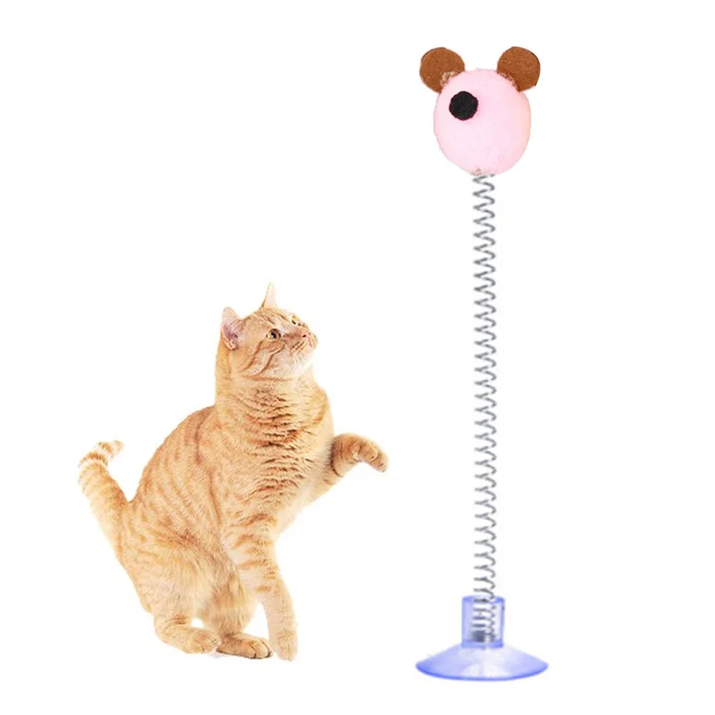 1pc Feather Spring Cat Interactive Toy Suction Cup Cat Fur Ball Teaser Wand Toys Cat Scratcher Toys Pet Supplies Random Color