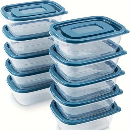 A set of 6 transparent stackable plastic food storage containers with blue lids and measurement markings—reusable, dishwasher an