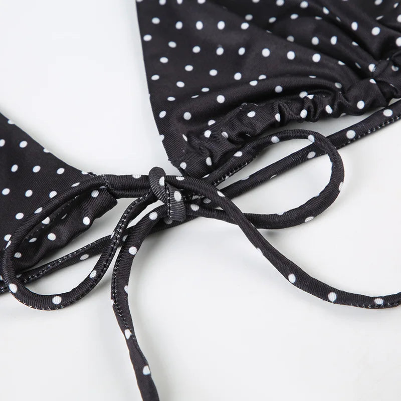 2025 Summer Vacation Beach 2 Piece Set Women Sexy Polka Dots Print Lace Up Halter Bra + Ruffles Micro Mini Skirts Swimsuit