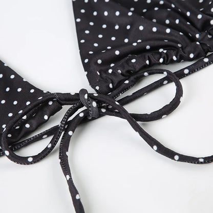 2025 Summer Vacation Beach 2 Piece Set Women Sexy Polka Dots Print Lace Up Halter Bra + Ruffles Micro Mini Skirts Swimsuit