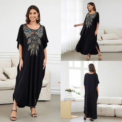 Swimsuit Cover Ups Embroidery V Neck Short Sleeve Swim Cover Up for Women Kaftan Dresses