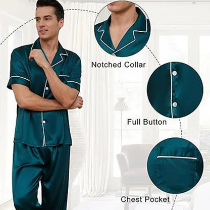 2Pcs/Set Silk Satin Men Pajama Set Notch Collar Button Down Pajama Top with Chest Pocket Elastic Waist Bottoms Set Sleepwear