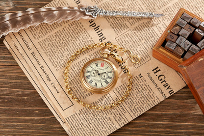 Antique Copper London 1856's Antique 5 Hands Mechanical Pocket & Fob Watches Hand Winding Skeleton Mens Pocket Watch 30Cm Chain