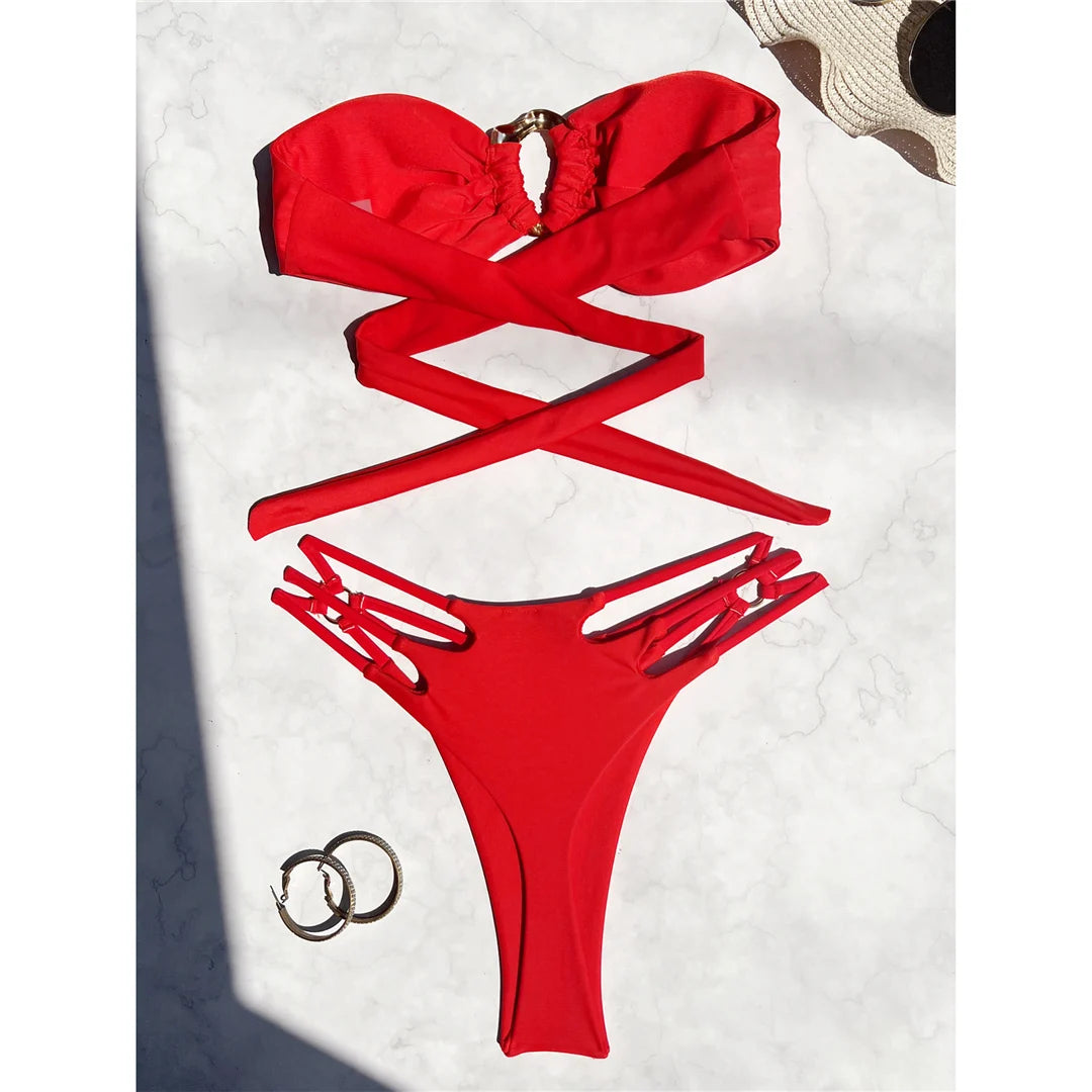 Bandeau Metal Rings Bikini Women Swimwear Female Swimsuit Two-pieces Bikini set Wrinkled High Cut Bather Bathing Suit Swim V5952