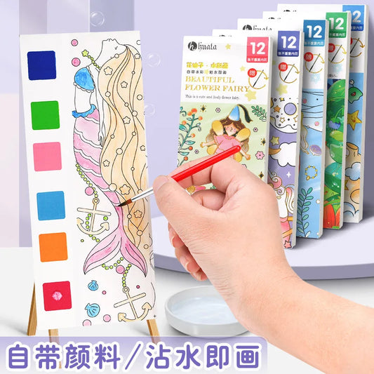 Kids Portable Watercolor Painting Book 12 Sheets Gouache Graffiti Picture 1 Pen Coloring Water Drawing Books Set Kids Toys Gifts