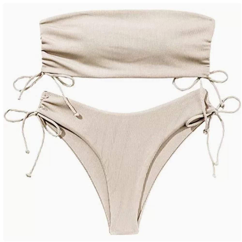 2025 Sexy Low Waist Swimwear New Solid Bandeau Bikini Set Women Push Up Drawstring Beachwear Swimsuit Backless bathing suit