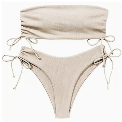 2025 Sexy Low Waist Swimwear New Solid Bandeau Bikini Set Women Push Up Drawstring Beachwear Swimsuit Backless bathing suit