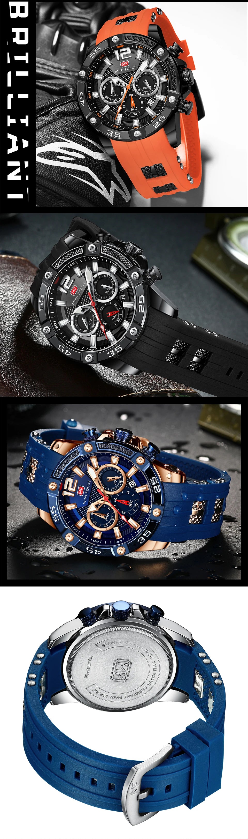 MINI FOCUS Multifunctional Sports Quartz Watch Mens Watches Waterproof Chronograph Wrist Watch with Date Luminous Hands 0349G