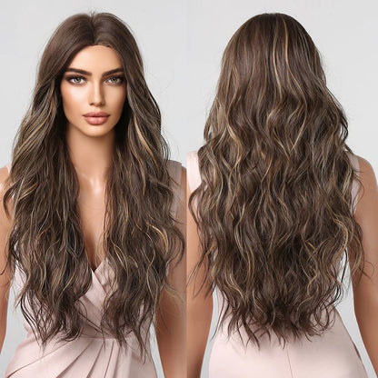 HENRY MARGU Long Brown Wavy Synthetic Wigs Middle Part Natural  Curly Wig for Black Women Cosplay Daily Heat Resistant Fake Hair