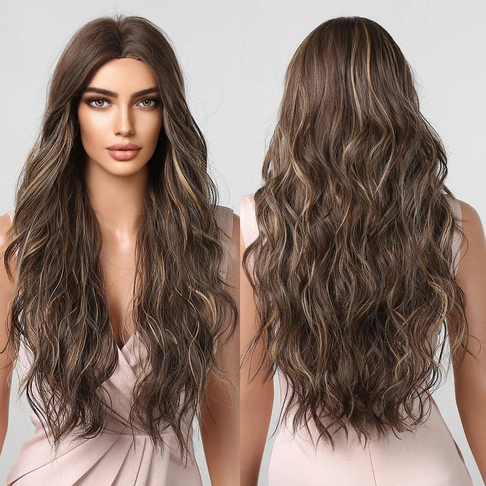 HENRY MARGU Long Brown Wavy Synthetic Wigs Middle Part Natural  Curly Wig for Black Women Cosplay Daily Heat Resistant Fake Hair