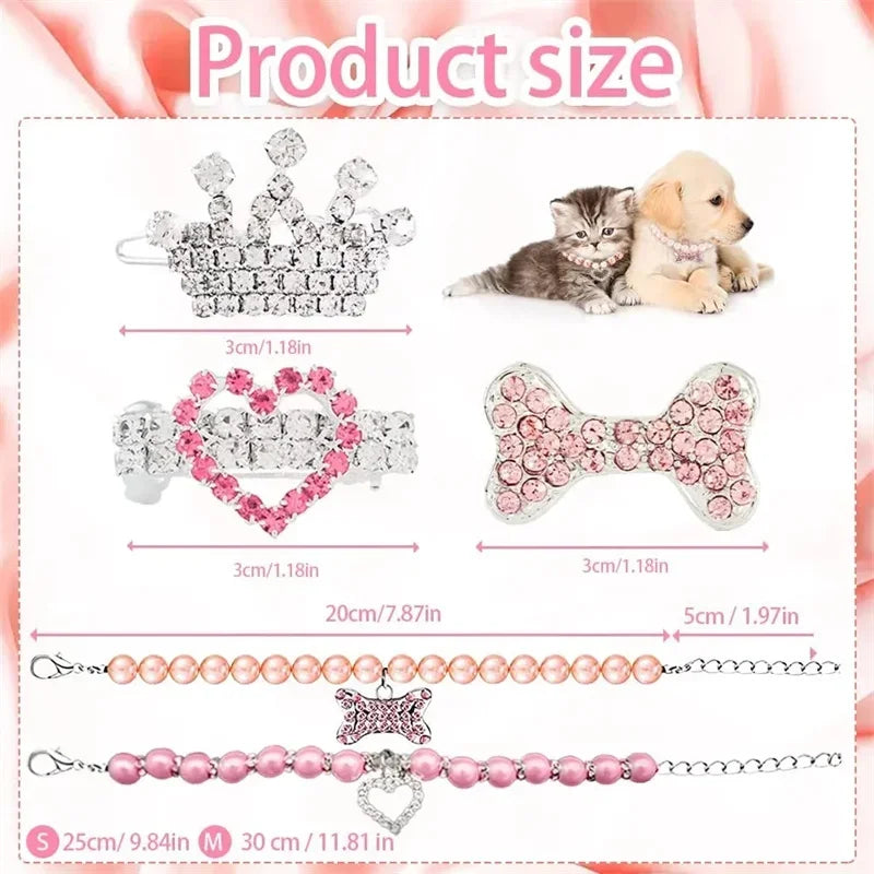 Bling Pearl Dog Collar Small and Medium Dogs Crown Hair Clips Puppy Accessories Doggy Heart and Bone Necklace Pet Supplies