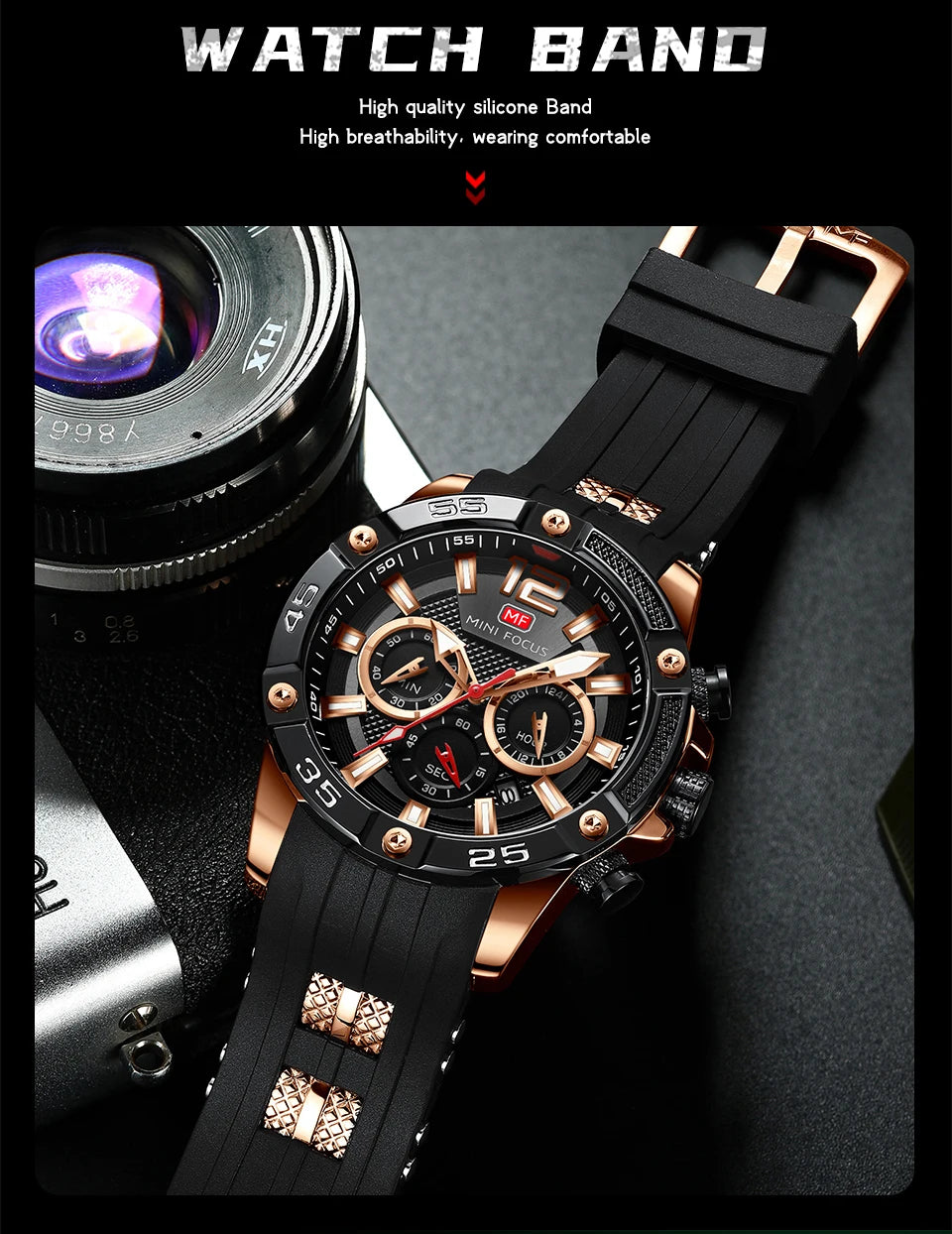 MINI FOCUS Multifunctional Sports Quartz Watch Mens Watches Waterproof Chronograph Wrist Watch with Date Luminous Hands 0349G