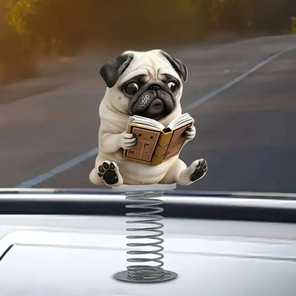 Cute 2D Pug Car Ornaments Kawaii Reading Dog Car Panel Dashboard  Spring Toys Decor Creative Accessories Gift