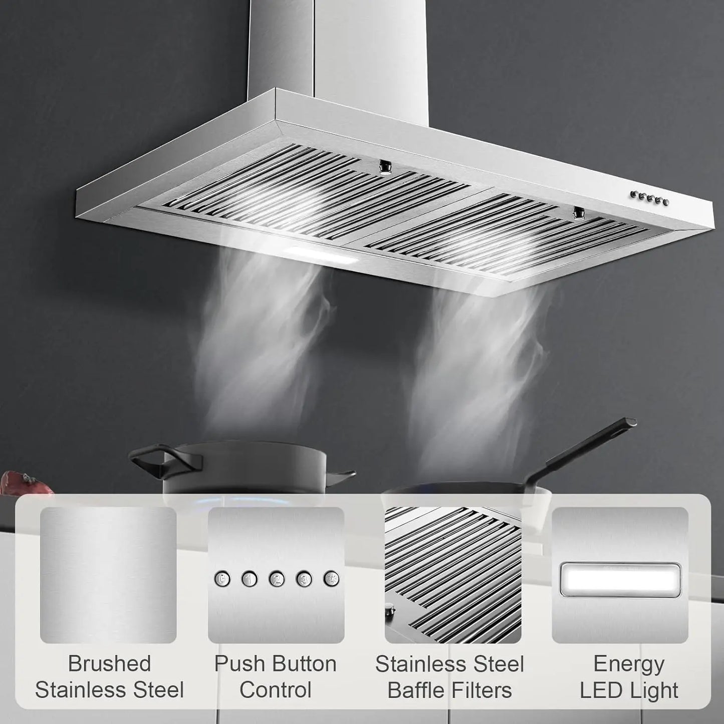 30-inch Wall Mount 450CFM - Stainless Steel Kitchen Vent Hood, Ultra Quiet 55dB, Ducted/Ductless Convertible, 3-Speed Range Hood