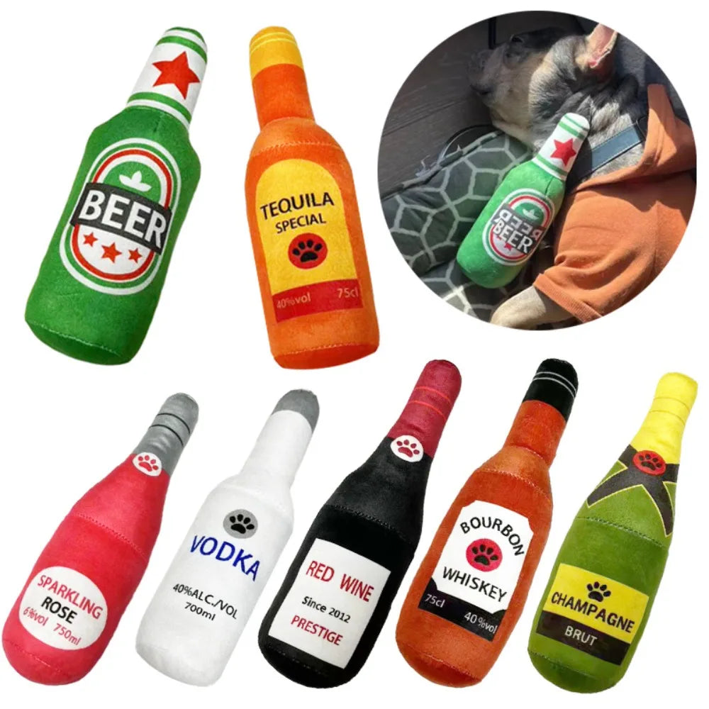 Interactive Dog Toys Champagne Wine Bottle Shape Pet Toy Plush Filled Vodka Toy Squeaky Bite-Resistant Pet Supplies Whisky
